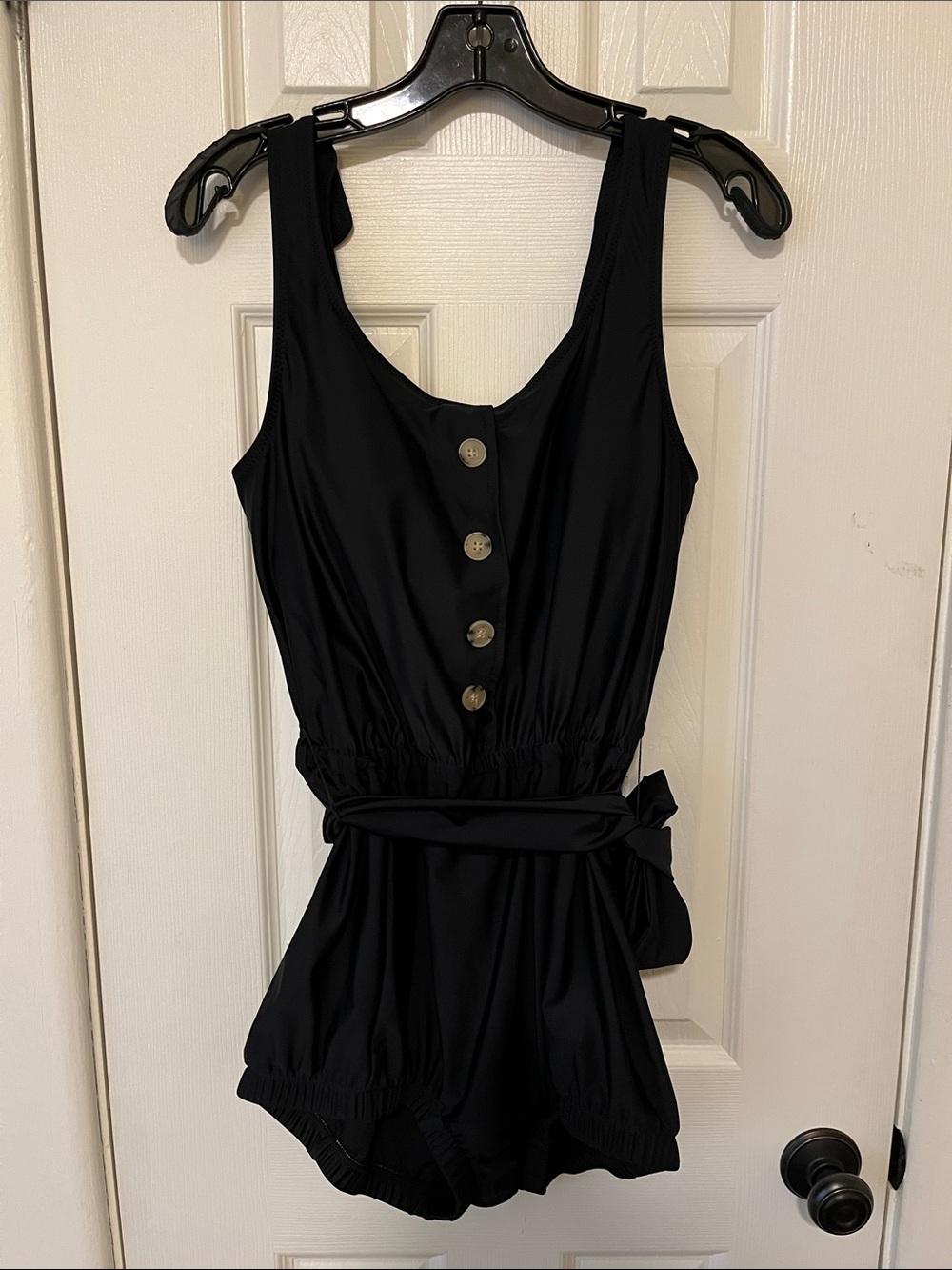 Black Button-Front One-Piece Swimsuit with Waist Tie